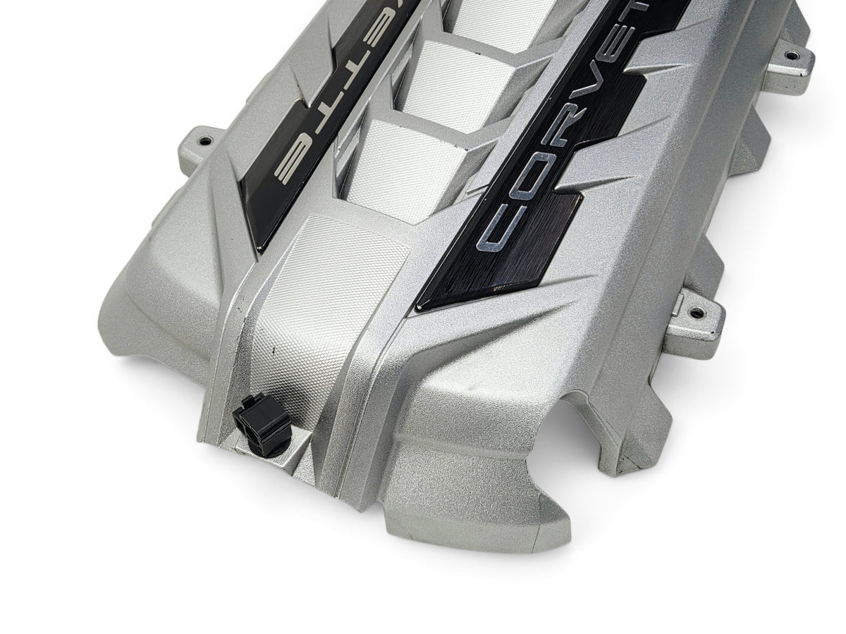 Send it Auto Parts silver LT2 engine cover for 2020-2026 Chevy Corvette C8 Stingray with black Corvette branding