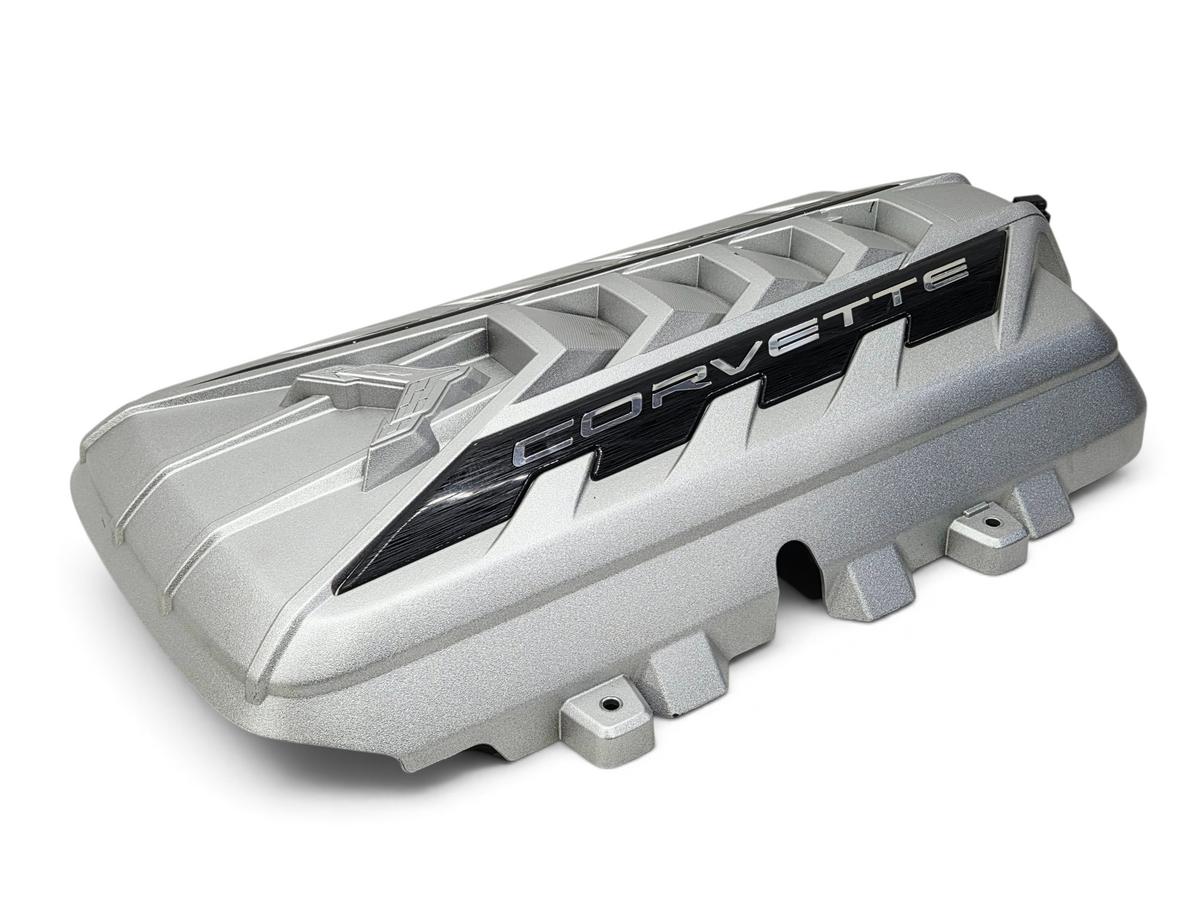 Send it Auto Parts silver OEM engine cover for 2020-2026 Chevy Corvette C8 Stingray with Corvette branding