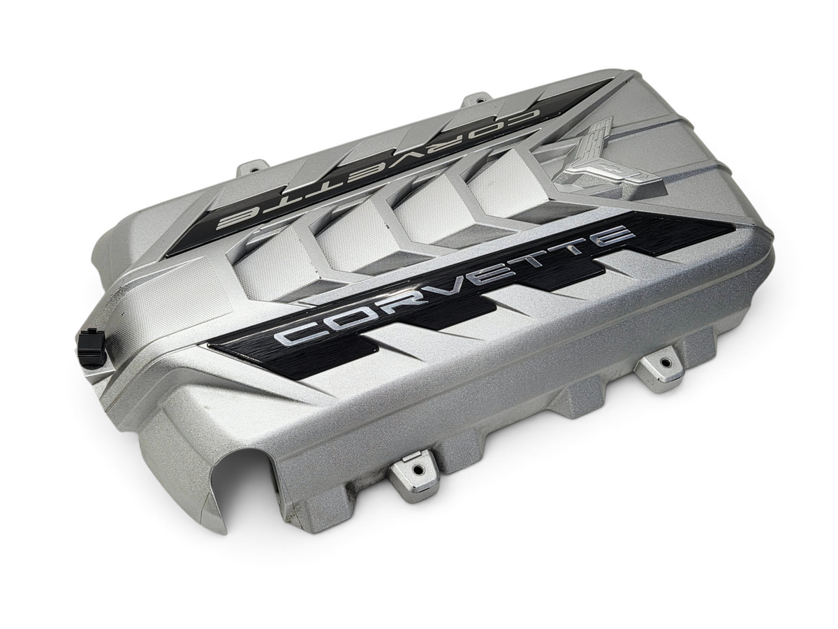 Send it Auto Parts silver OEM LT2 engine cover for 2020-2026 Chevy Corvette C8 Stingray with black Corvette branding