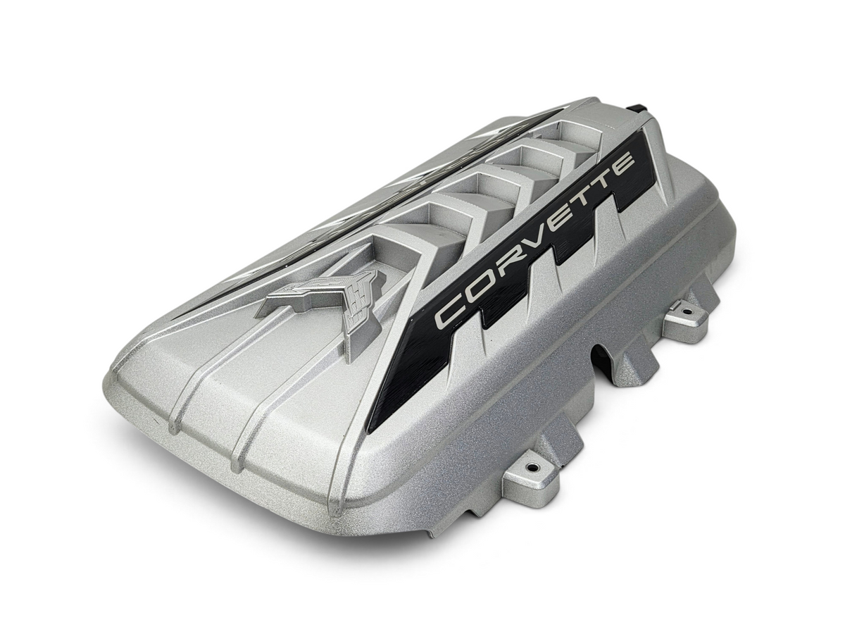 Send it Auto Parts silver OEM engine cover for 2020-2026 Chevy Corvette C8 Stingray with Corvette branding