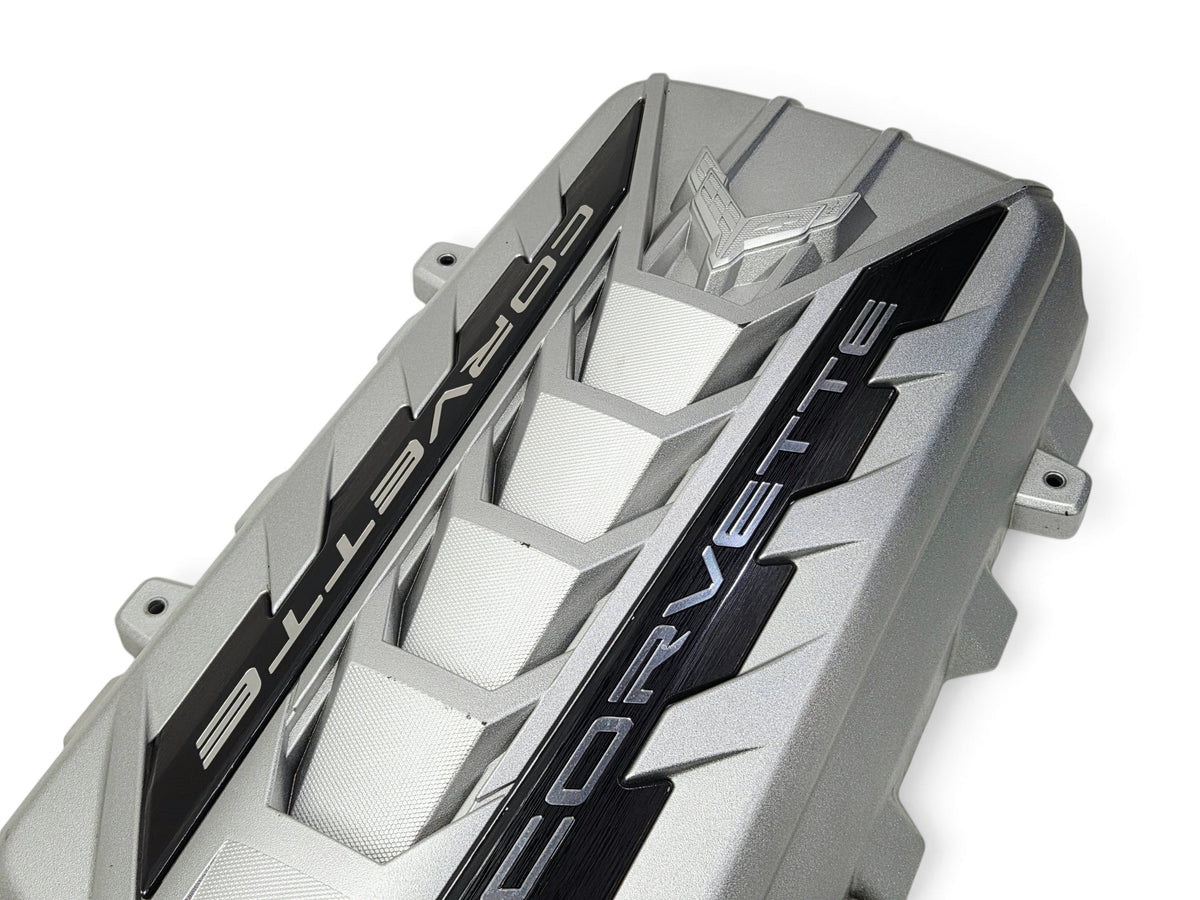 Send it Auto Parts silver OEM engine cover for Chevy Corvette C8 Stingray with Corvette branding and textured details