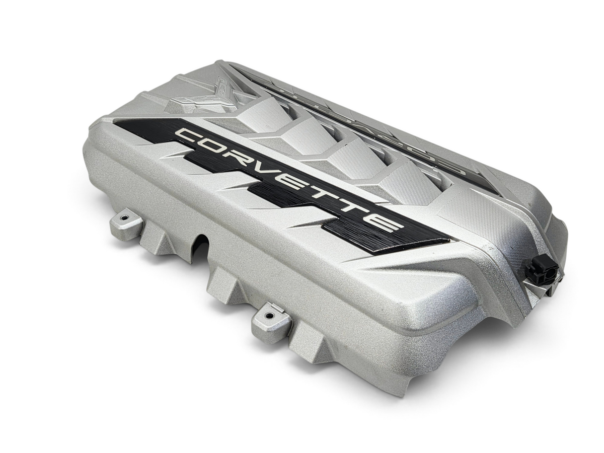 Send it Auto Parts silver OEM engine cover for 2020-2026 Chevy Corvette C8 Stingray with Corvette branding