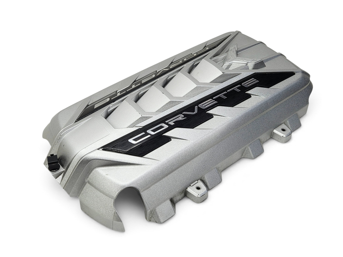 Send it Auto Parts silver OEM engine cover for 2020-2026 Chevy Corvette C8 Stingray with Corvette branding