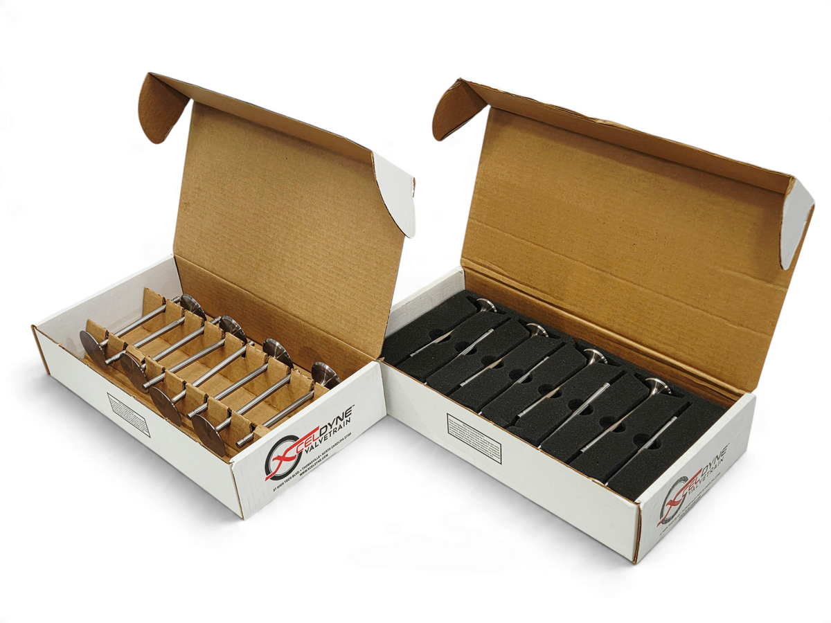Send it Auto Parts Xceldyne LS7 titanium intake and exhaust valve set in branded boxes with foam inserts